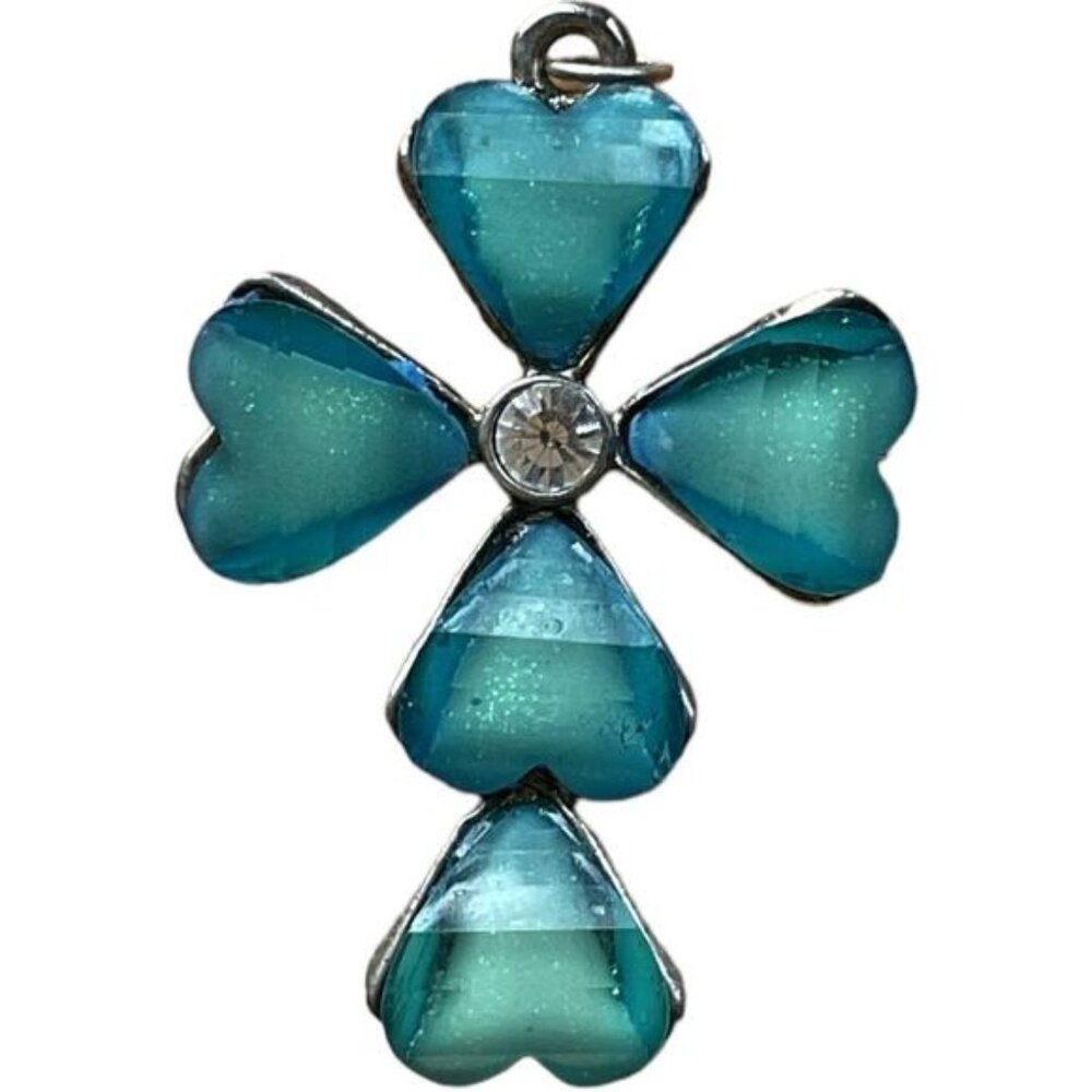 Blue Heart Cross Necklace Pendant Rhinestone Center